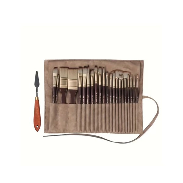 Pinselset 24-teilig Nylonborsten Aquarell Acryl Öl mit Tasche Holzgriffe