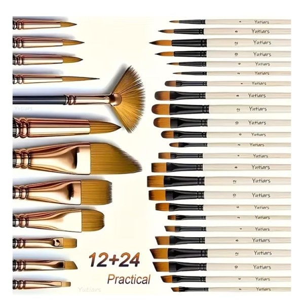 Pinselset 36-teilig – Künstlerpinsel Holzgriff Aquarell Acryl Öl Detail/Flach